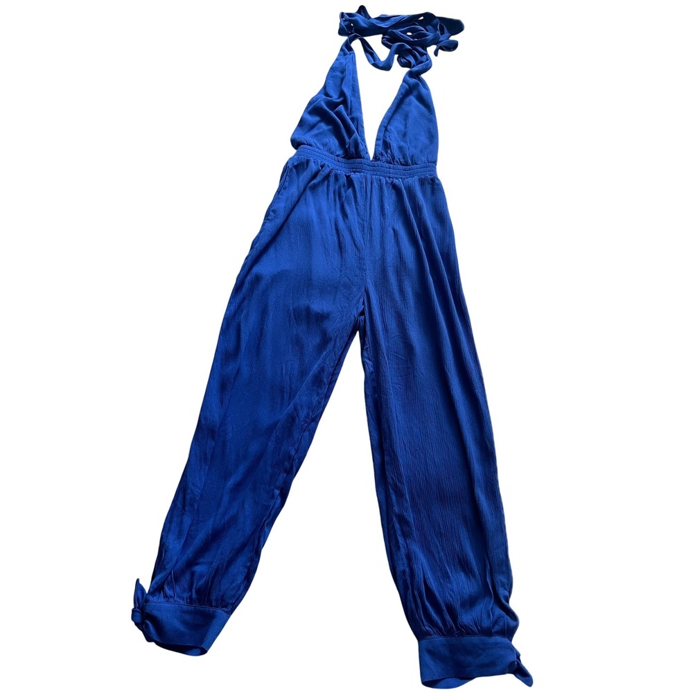 NWT Lulus Royal Blue Halter Jumpsuit Crinkle Gauze Cuffed Tie Ankle Beach Sz M